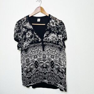 Bila Black White Sequin Paisley V Neck Short Sleeve Top Women’s Size XXL